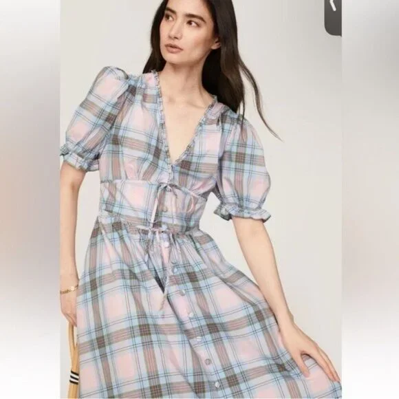 Hill House Sabrina Nap Dress in Spring Plaid Blue Pink Cottagecore Farmhouse M • - Picture 10 of 12